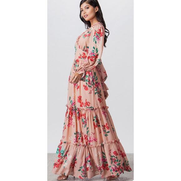 VICI Pink Floral Print Long Sleeve Ruffle & backless Maxi Dress Sz Medium - Picture 4 of 14